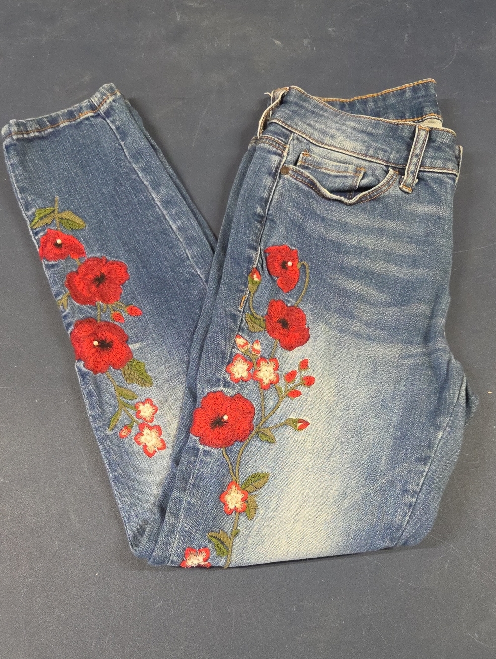 a.n.a Blue Denim Skinny Jeans with Red Floral Embroidery